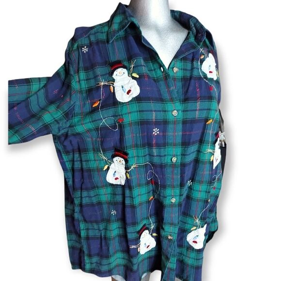 Vintage Victoria Jones Blue Green Plaid Snowman Christmas Winter Flannel Size 1x - Picture 9 of 9